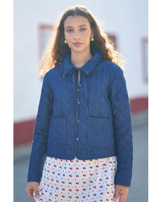 Yumi' Blue Chambray Quilted Jacket With Cherry Lining