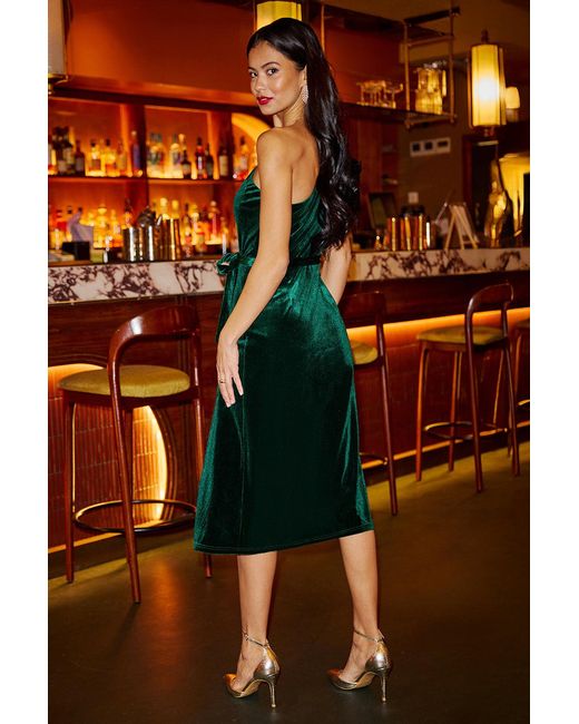 Yumi' Orange Velvet Frill One Shoulder Midi Dress With Split Hem