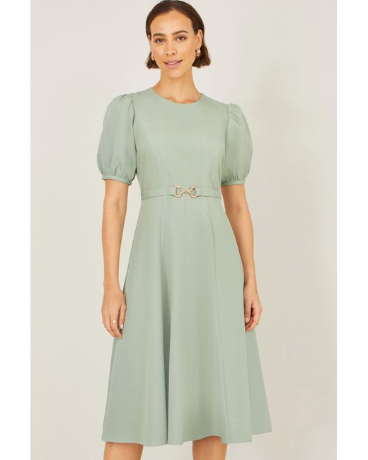Yumi' Green Mint Skater Dress With Puff Sleeves And Buckle Detail