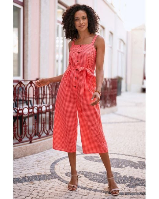 Yumi' Red Gingham Button Through Jumpsuit