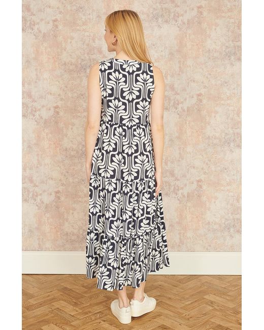 Yumi' Blue Retro Print Relaxed Midi Dress