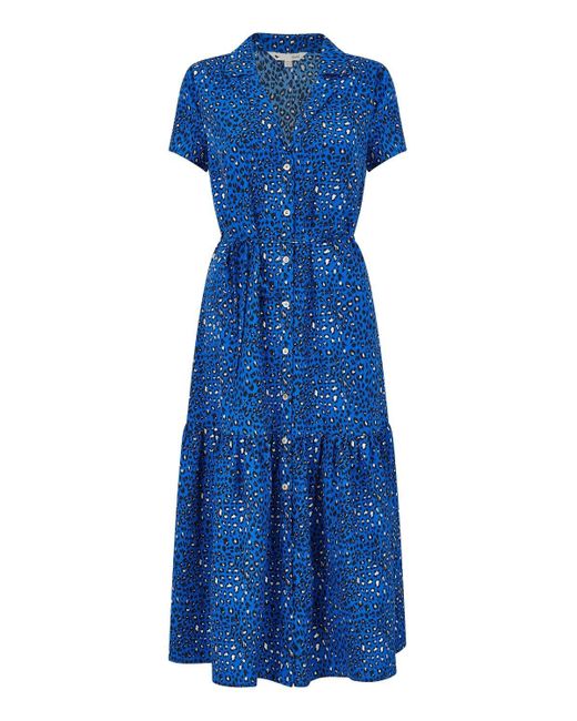 Yumi' Blue Animal Print Midi Shirt Dress