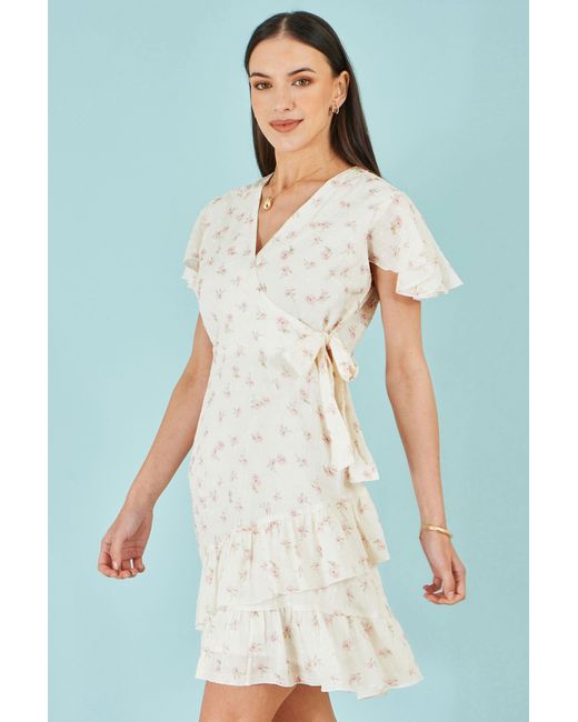 Yumi' White Rose Print Wrap Over Frill Dress