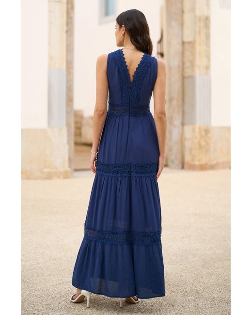 Yumi' Blue Lace Trim Cotton Midi Sun Dress