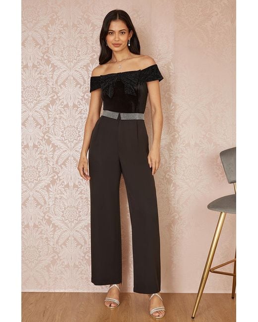 Mela Black Sparkle Velvet Bow Bardot Top