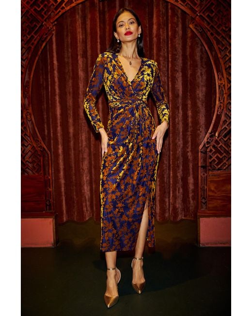 Yumi' Brown Velour Stretch Midi Dress With Long Sleeves