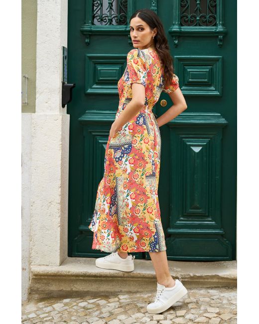 Yumi' Multicolor Multicolour Floral Patchwork Print Midi Shirt Dress