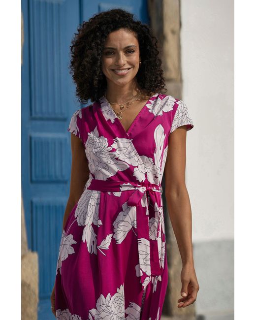 Yumi' Pink Blossom Print Wrap Dress With Dipped Hem