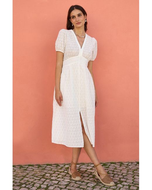 Yumi' Brown Broderie Anglaise Midi Dress With Split Hemline