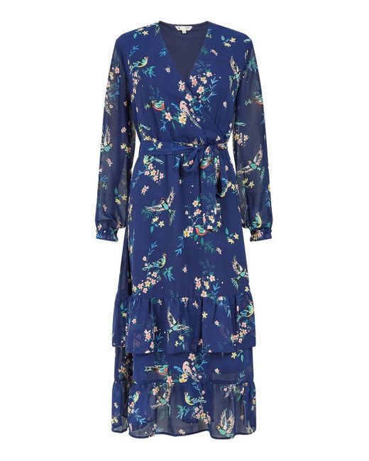 Yumi' Blue Botanical Bird Print Gyspy Dress