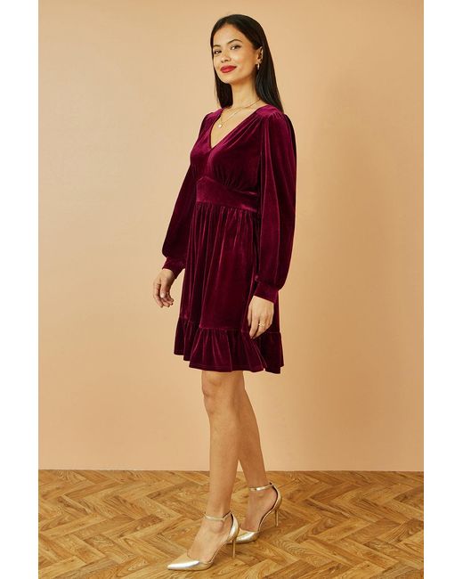 Yumi' Red Velvet Long Sleeve Skater Dress
