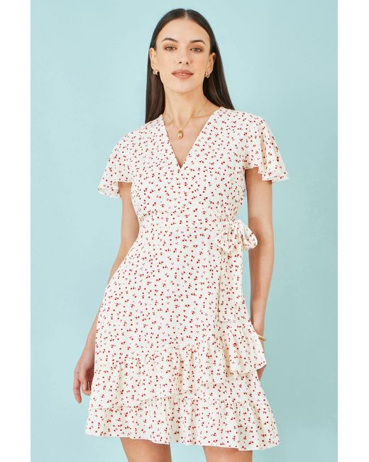 Yumi' White Ditsy Print Frill Wrap Dress