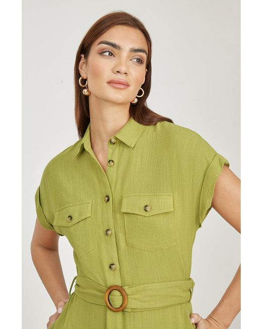 Yumi' Green Viscose Linen Look Midi Shirt Dress With Wooden Belt