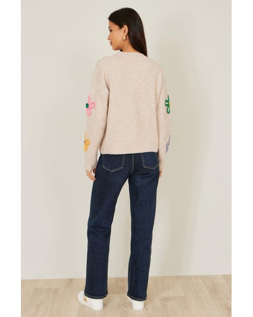 Yumi' Natural Oatmeal Relaxed Flower Embroidered Jumper