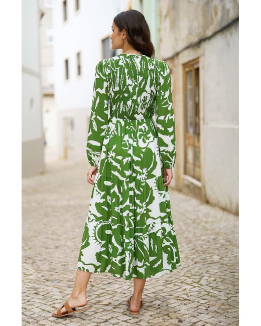 Yumi' Green Abstract Print Ruched Midi Dress With Long Sleeves