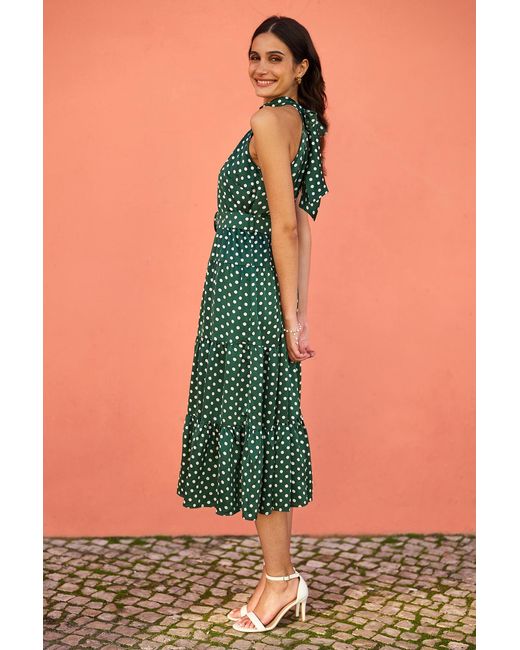 Yumi' Green Spot Print Halter Midi Dress With Matching Belt