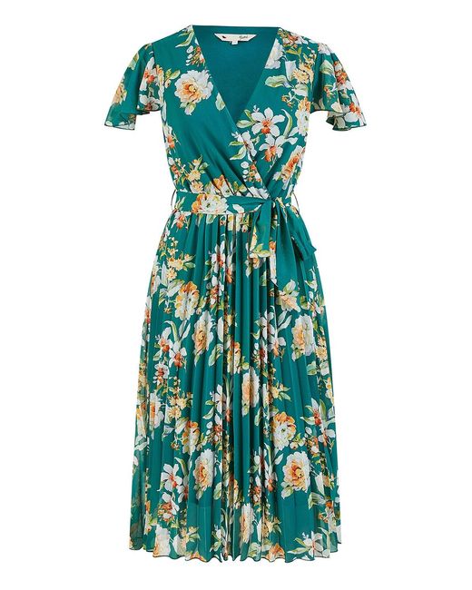 Yumi' Green Floral Pleated Wrap Dress