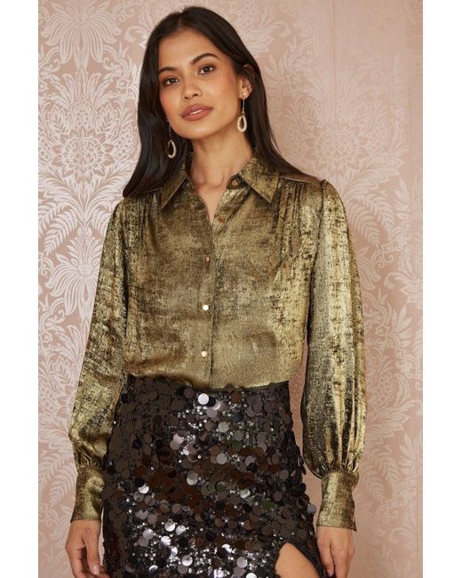 Yumi' Brown Metallic Relaxed Balloon Sleeve Shirt