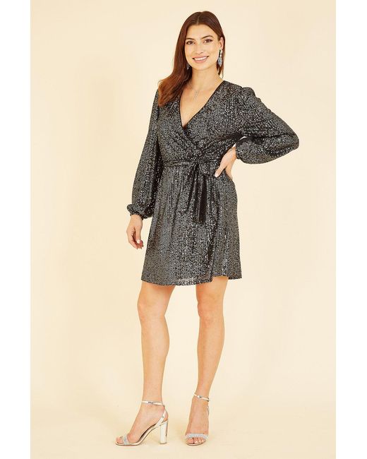 Mela Gray Sequin Belted Wrap Long Sleeve Dress