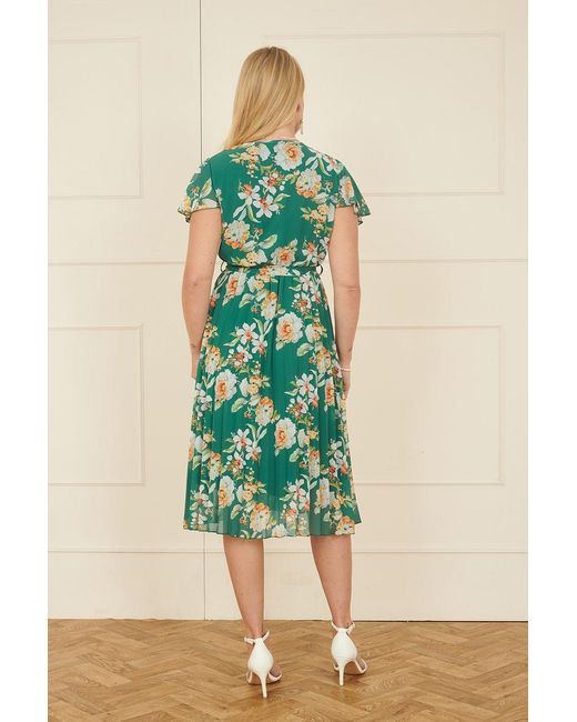 Yumi' Green Floral Pleated Wrap Dress