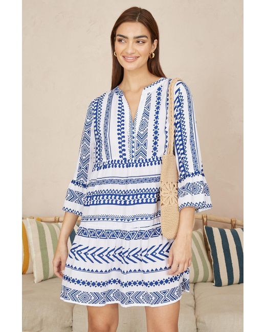 Yumi' Blue Geo Stripe Print Beach Tunic