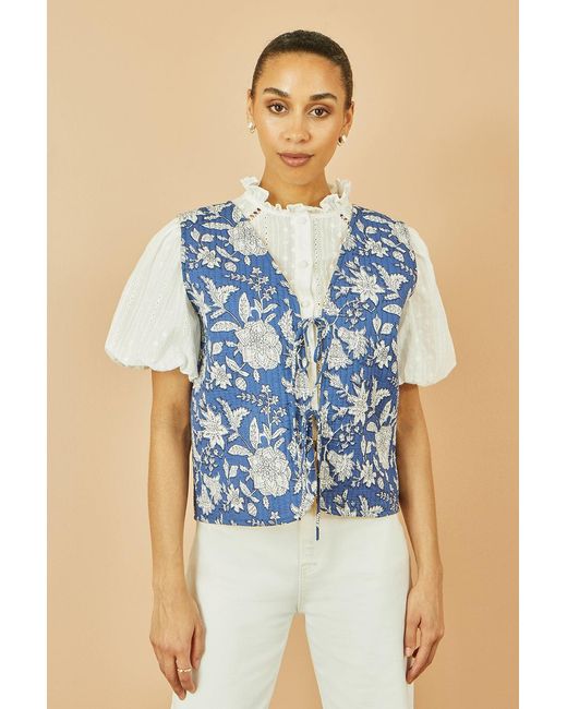 Yumi' Blue Floral Reversible Cotton Quilted Waistcoat