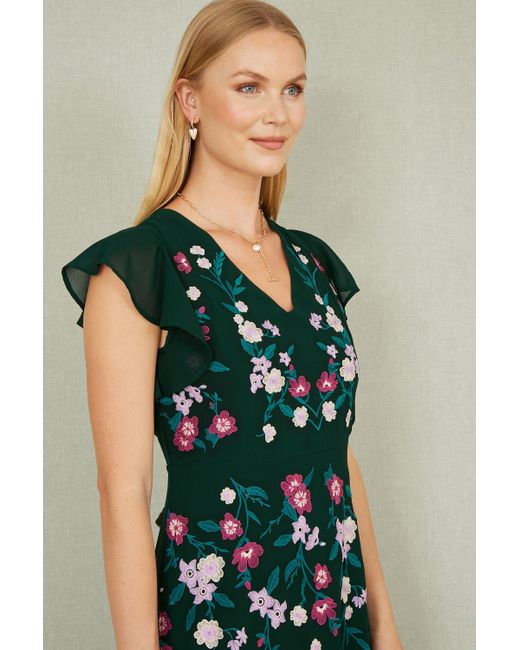 Yumi' Green All Over Floral Embroidery Midi Skater Dress