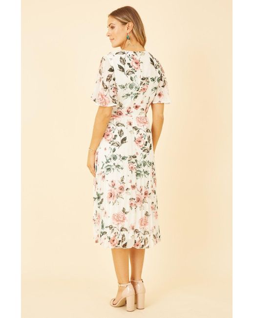 Yumi' Natural Ivory Floral Pleated Wrap Midi Dress