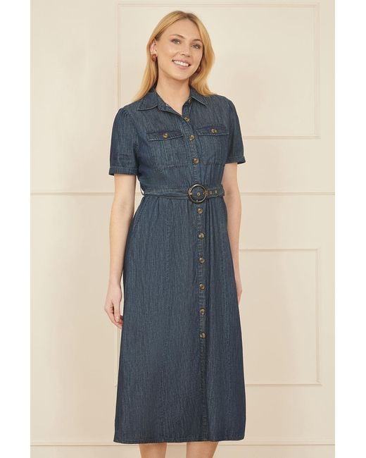 Yumi' Blue Chambray Utility Midi Denim Shirt Dress