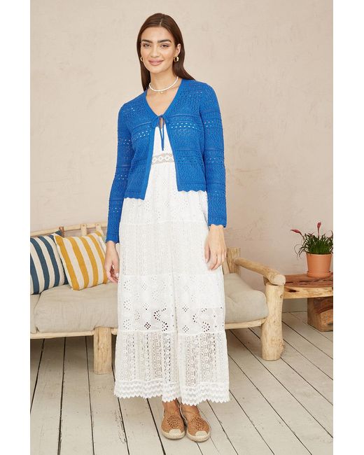 Yumi' Blue Crochet Tie Front Cardigan