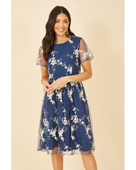 Yumi' Blue Embroidered Floral Skater Dress