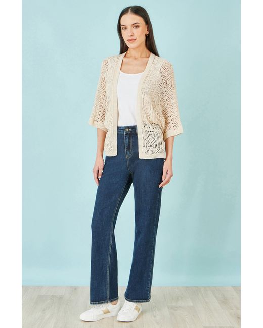 Yumi' Blue Ivory Crochet Edge To Edge 3/4 Sleeve Cardigan