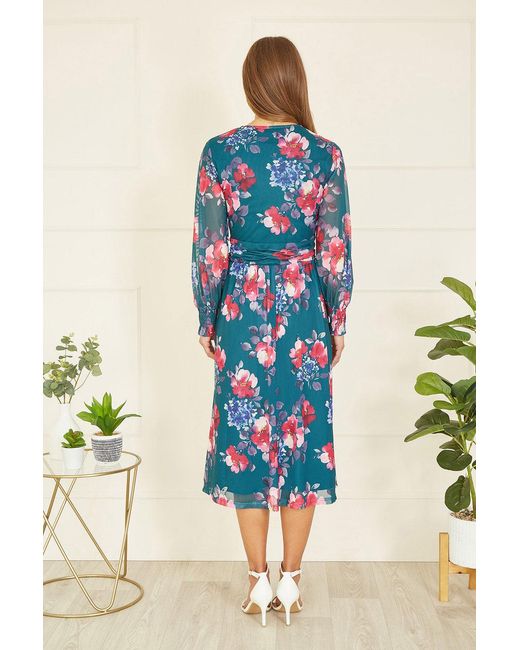 Yumi' Blue Floral Print Stretch Mesh Dress With Pockets