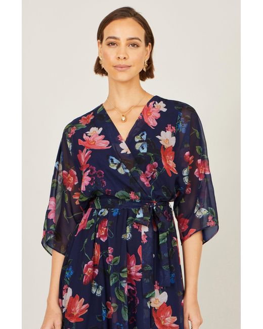 Yumi' Blue Floral Kimono Wrap Dress With Dip Hem