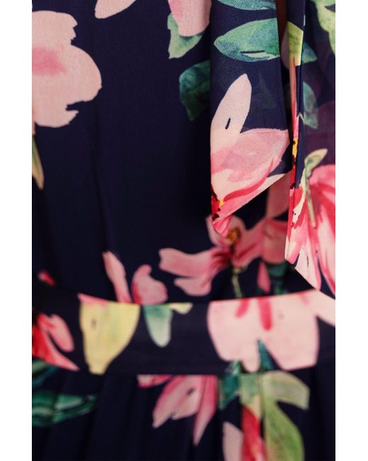 Yumi' Blue Floral Halter Neck Midi Dress With Matching Belt