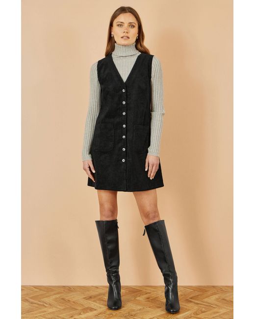 Yumi' Black Cord Button Through Pinafore Dress With Pockets