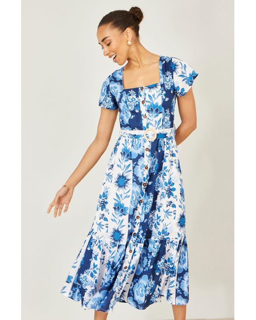 Yumi' Blue Floral Viscose Midi Shirt Dress With Matching Belt