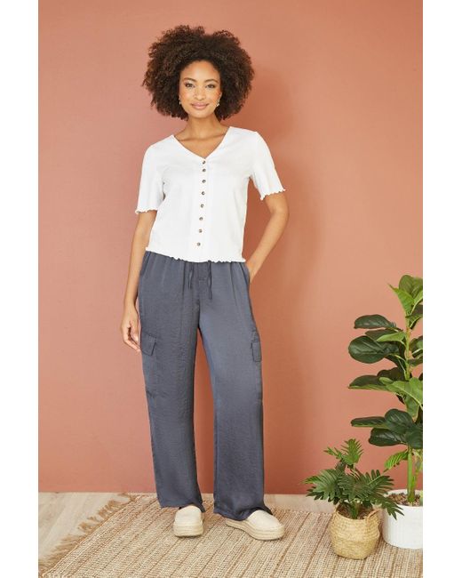 Yumi' Blue Cotton Button Detail T-Shirt