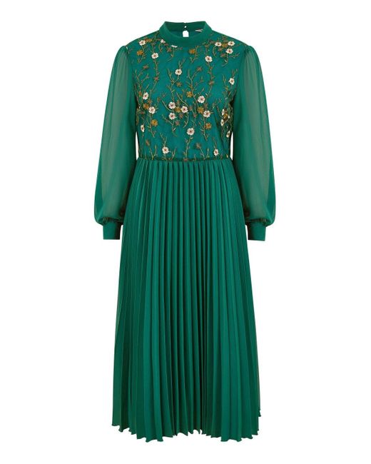 Yumi' Green Embroidered Long Sleeve Pleated Midi Dress