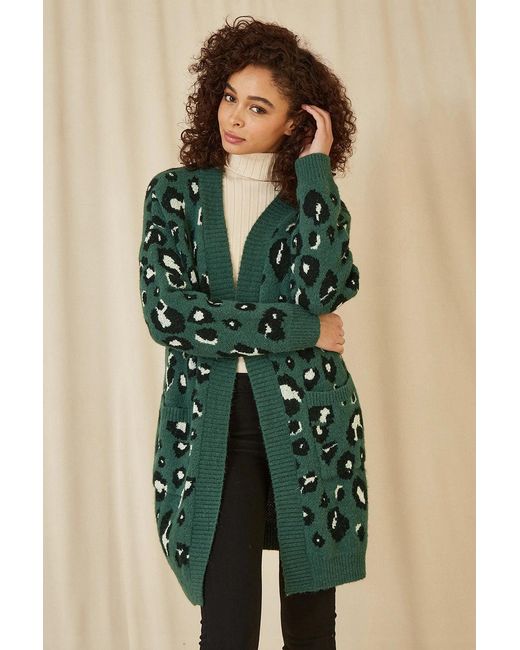 Yumi' Green Animal Intarsia Long Cardigan