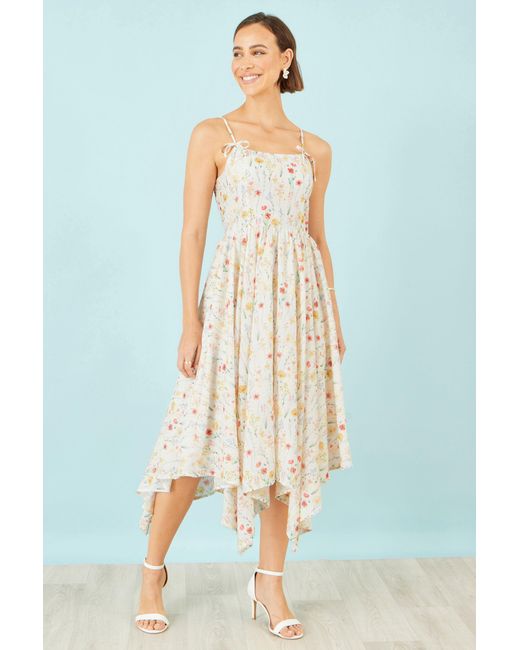 Yumi' Blue Botanical Embroidery Fabric Handkerchief Hem Dress