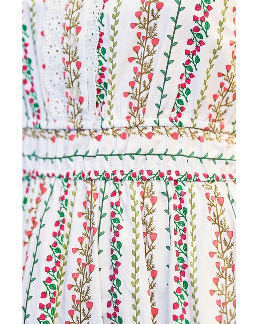 Yumi' White Botanical Stripe Midi Dress With Lace Trims