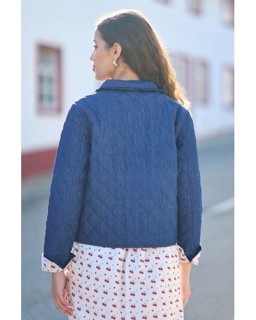 Yumi' Blue Chambray Quilted Jacket With Cherry Lining