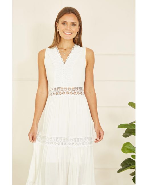 Yumi' Natural Lace Trim Cotton Midi Sun Dress