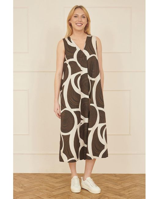 Yumi' Natural Cotton Abstract Circle Trapeze Relaxed Midi Dress