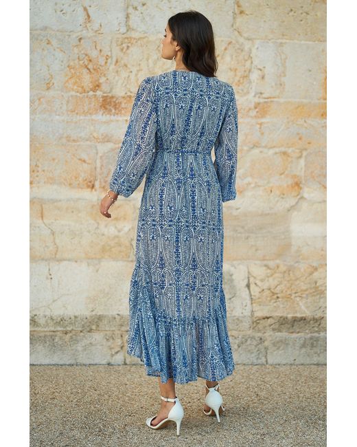 Yumi' Blue Paisley Dipped Hemline Midi Dress With Open Long Sleeves