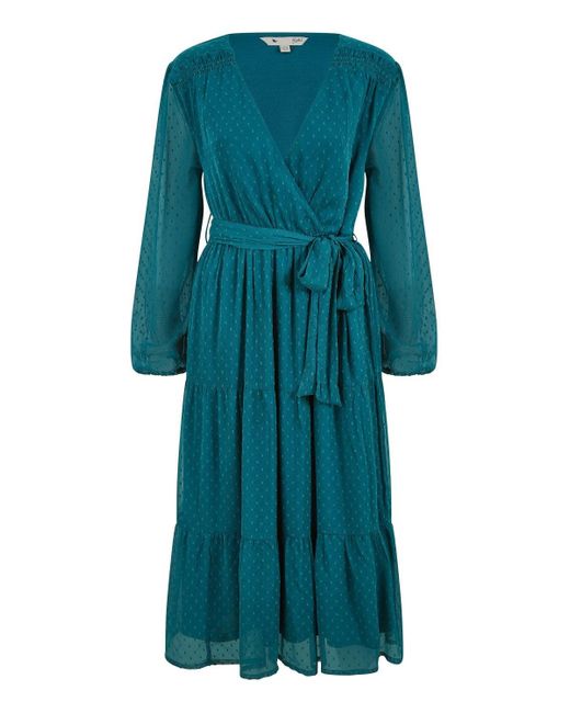 Yumi' Green Recycled Dobby Spot Long Sleeve Midi Wrap Dress