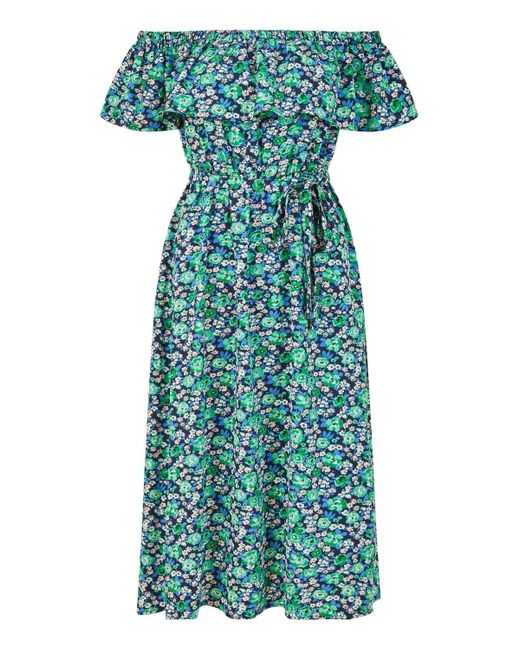 Yumi' Blue Ditsy Floral Bardot Midi Dress