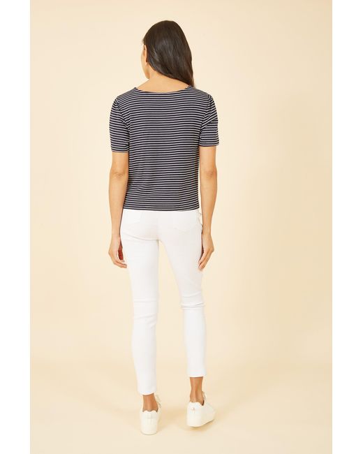 Yumi' Blue Striped Jersey Button Detail Top