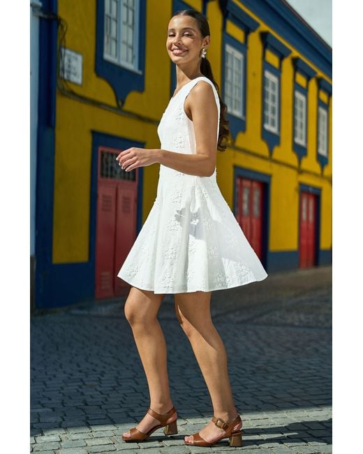 Yumi' Blue Cotton Applique Flower Swing Shift Dress